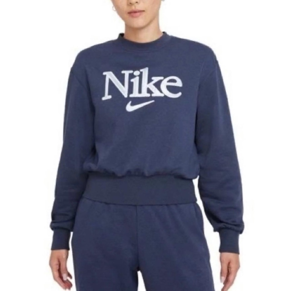 Nike Women Femme Thunder Blue Graphic Fleece Varsity Crew Sweatshirt